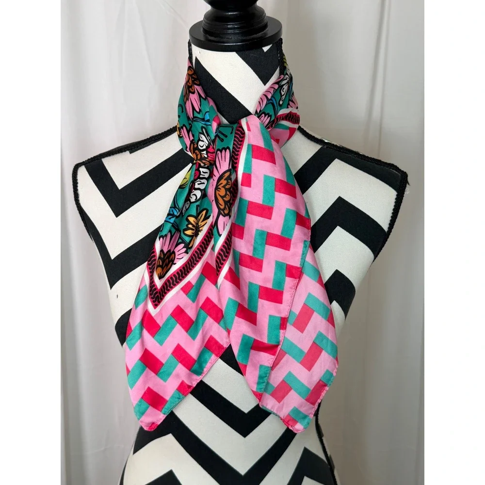 Zara Floral Geometric Square Scarf Pink Teal Green Silk Feel Neckerchief 26x28.5